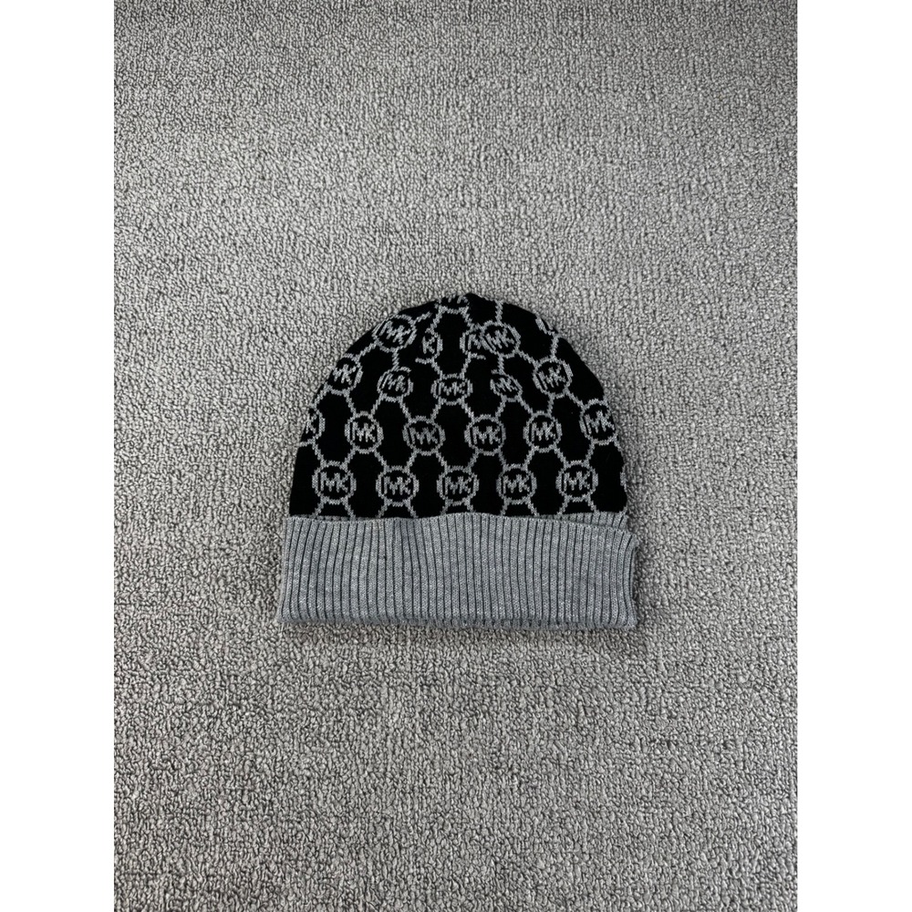 Michael Michael Kors Knit Beanie Hat Black Silver Metallic MK Monogram Logo